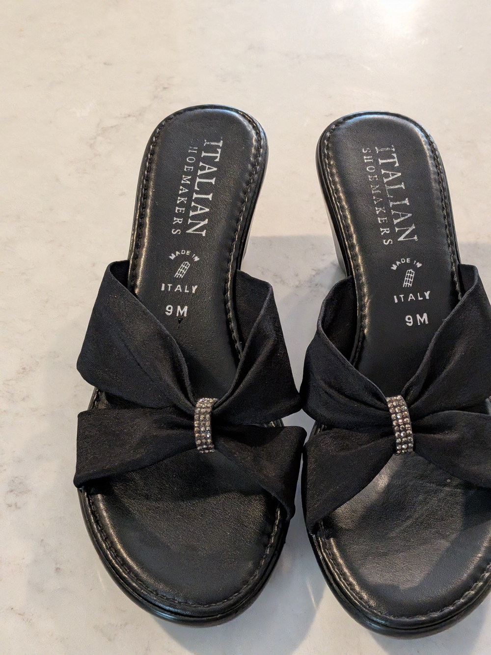 Italian Shoemakers Black Bow Slide Mules with Rhinestone Accent Size 9 medium